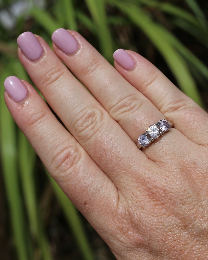 3.7ct Pale Pink Australian Zircon Trilogy Ring, 10ct and 18ct White Gold, size O or just over 7, 3.72g