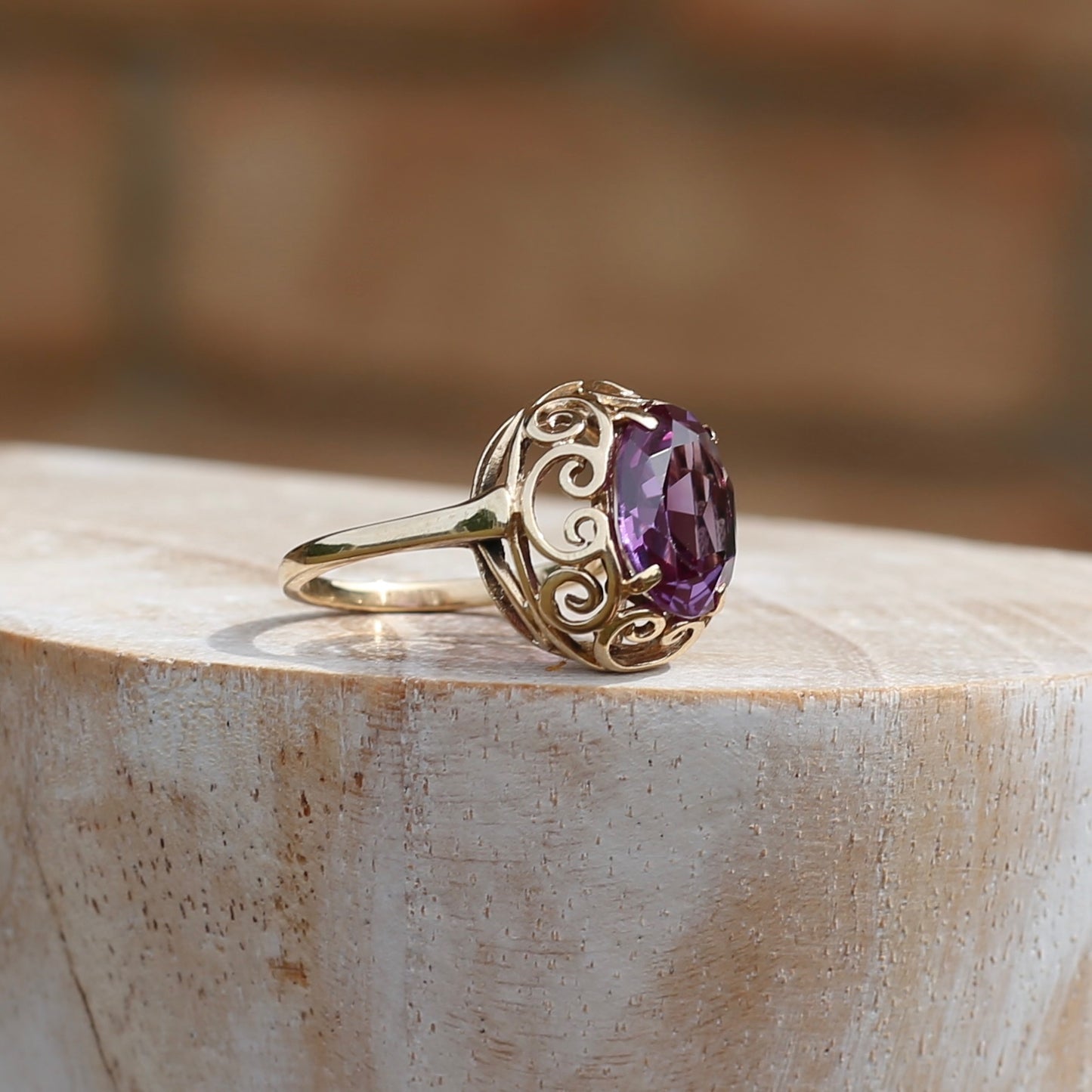 Synthetic Colour Change Purple Sapphire in Filigree Gold Ring, 10ct yellow gold,  size M1/2 or just under 6.5