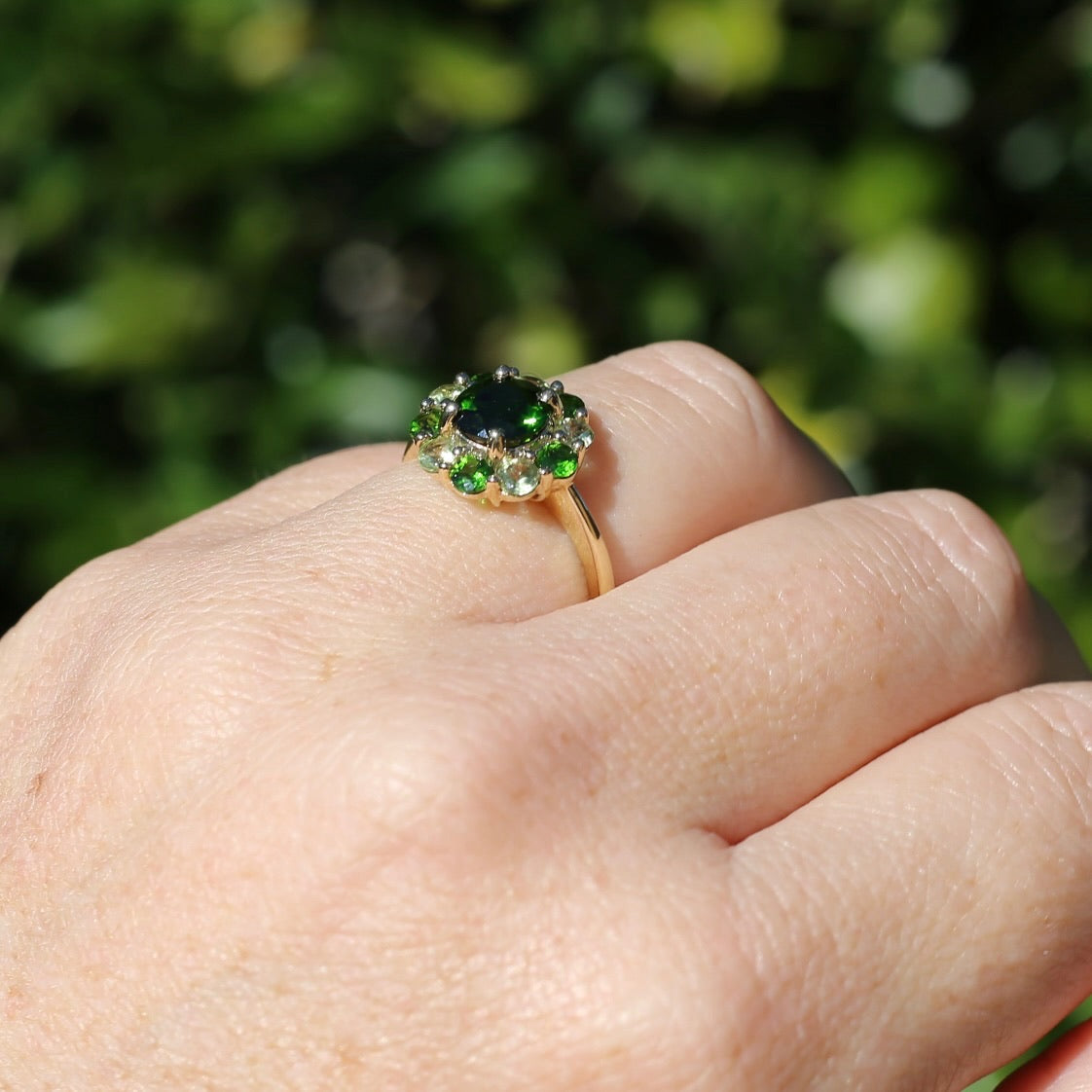 Chrome Diopside and Green Garnet Daisy Cluster Ring, 9ct Yellow Gold, size N1/2 or 7