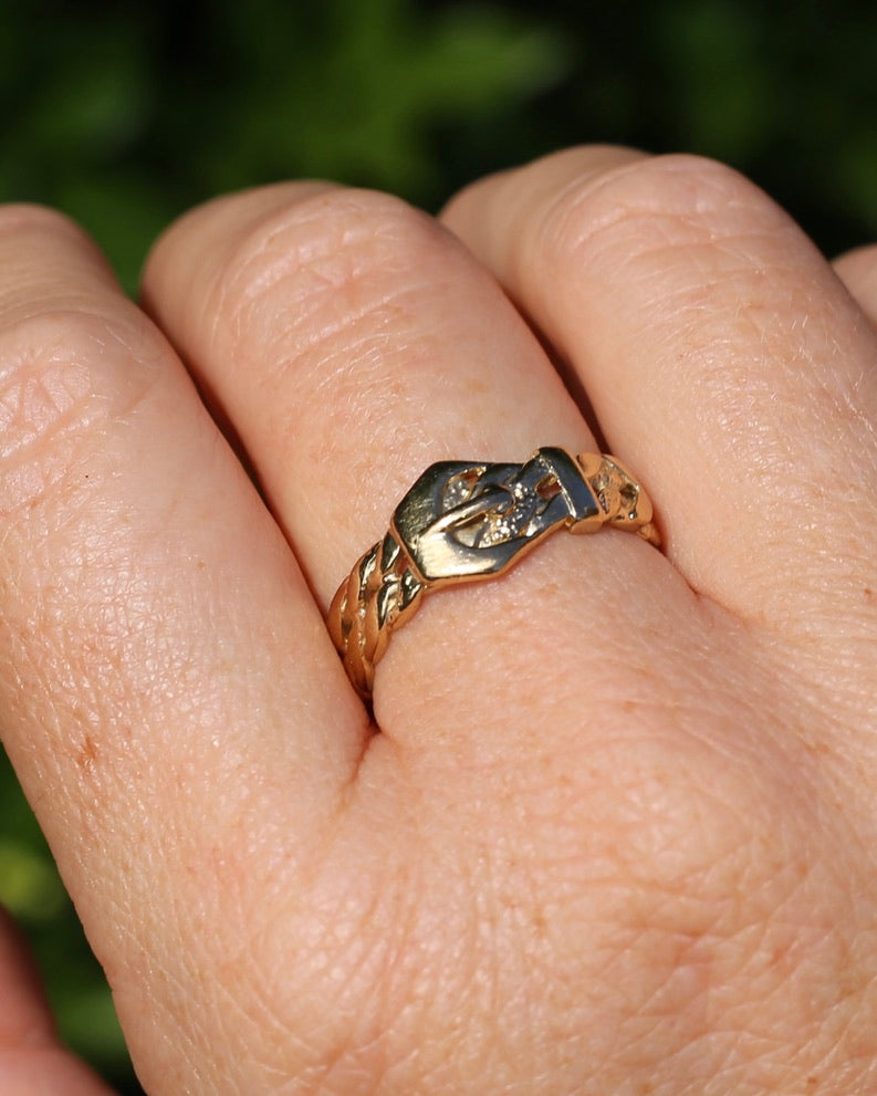 Post 1972 Sheffield Made Buckle Ring, 9ct Yellow Gold, size S1/2 or 9.25, 3.42g