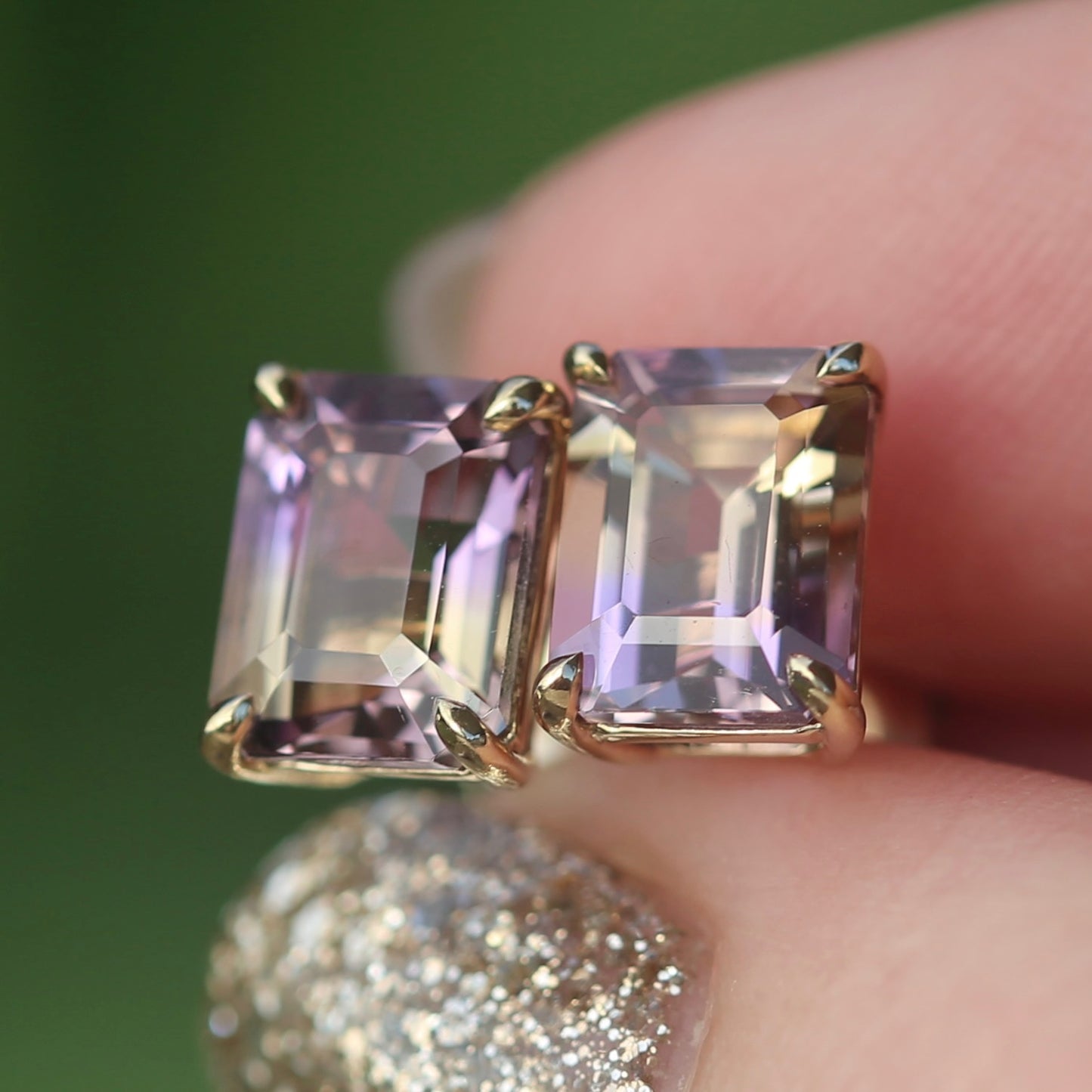 4.5ct Emerald Cut Ametrine Earrings, 9ct Yellow Gold, 2.22g