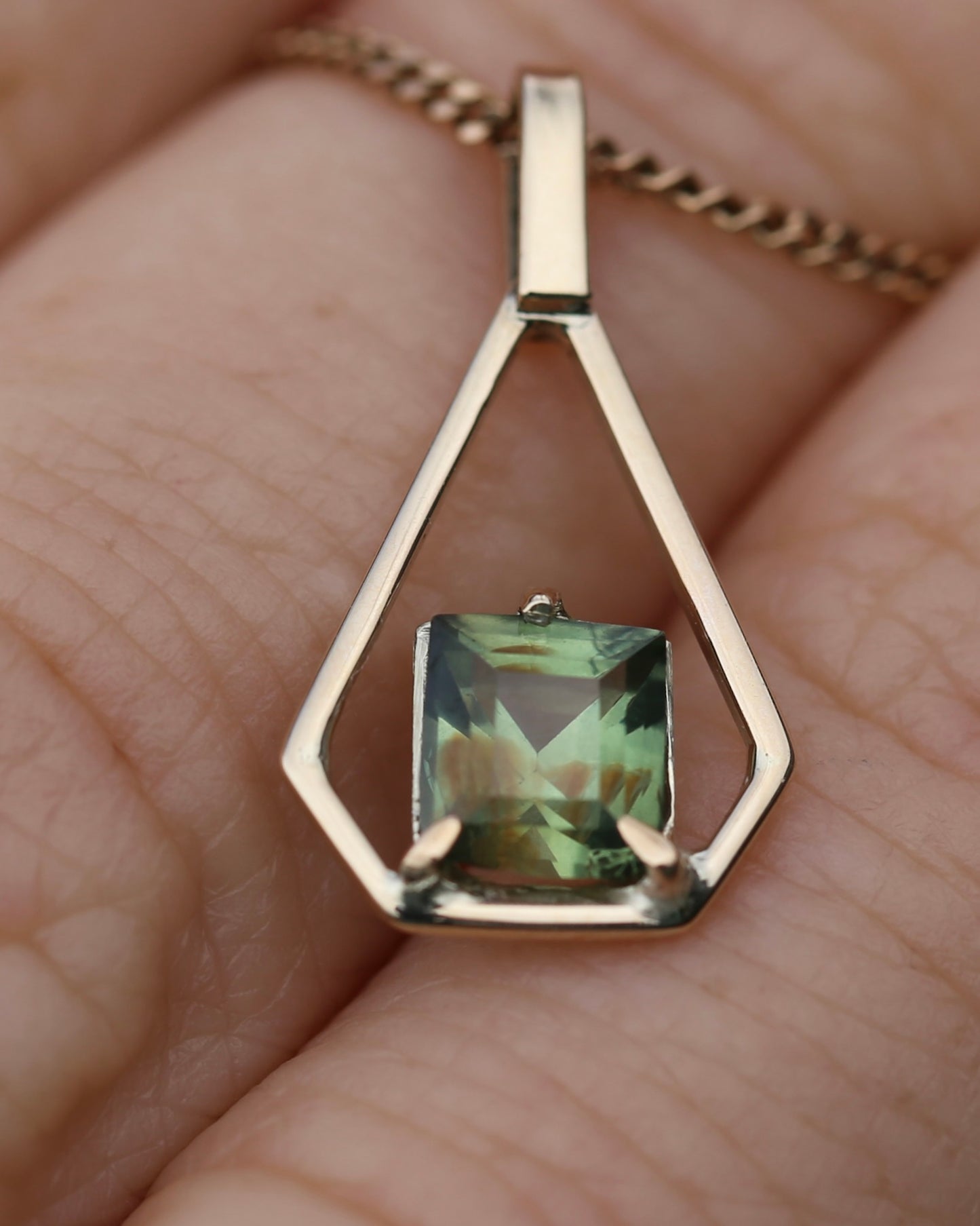 Modified Carre Cut Unheated Green Natural Sapphire in Handmade Vintage Pendant, 9ct Yellow Gold, 0.78g