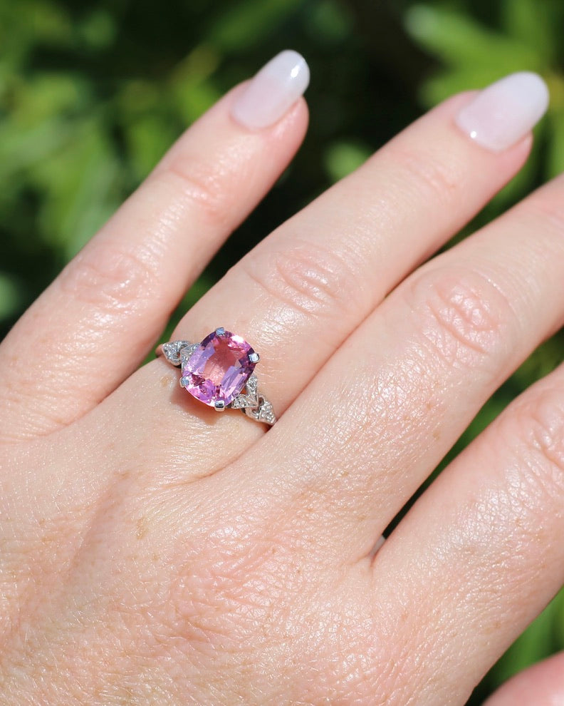 Pale Pink Tourmaline and Old Cut Diamond Shoulder Ring, 18ct White Gold and Platinum, size N or 6.75, 2.63g