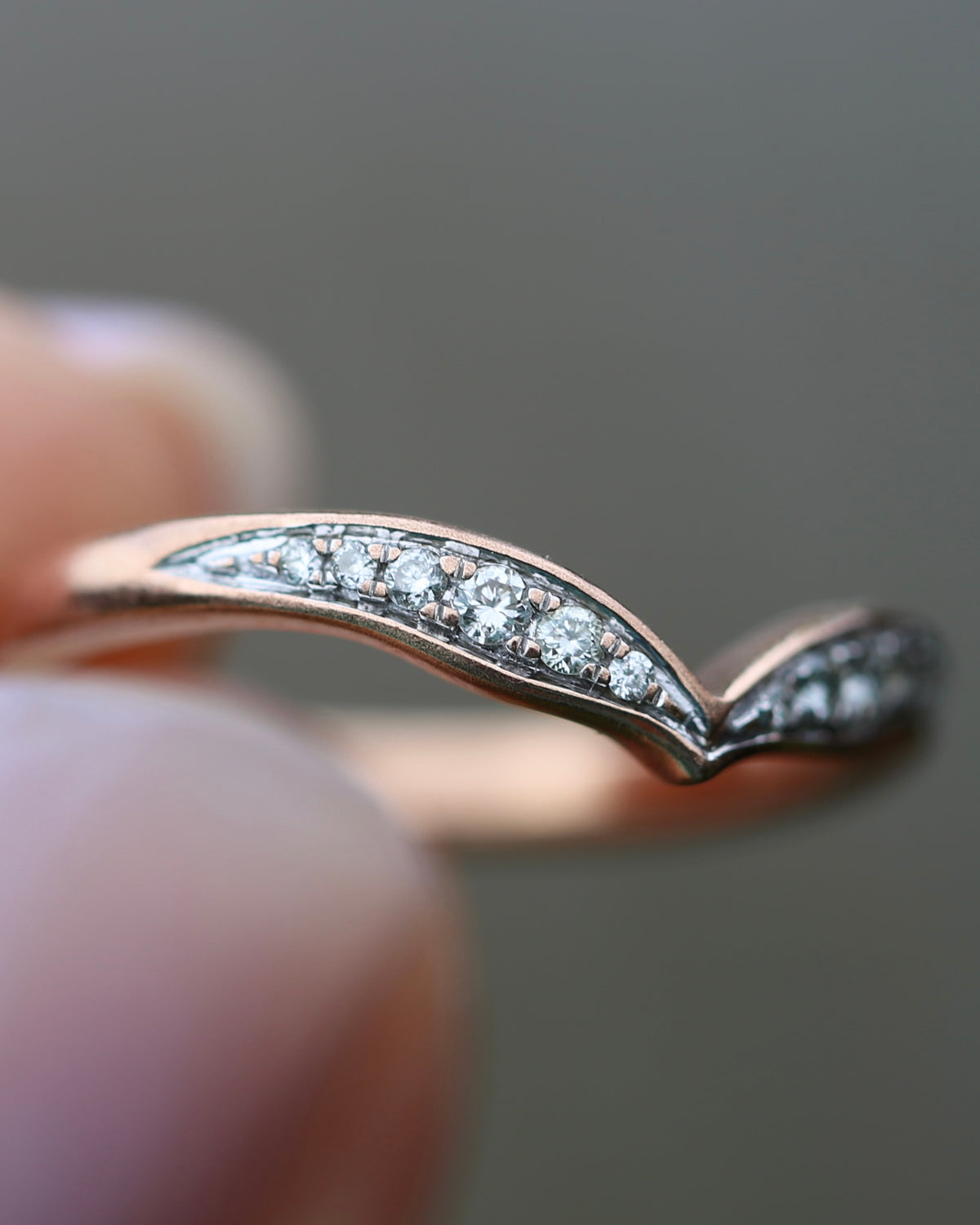 Bead Set Natural Diamond Wishbone Ring, 9ct Rose Gold, size J or 4.75, 1.7g