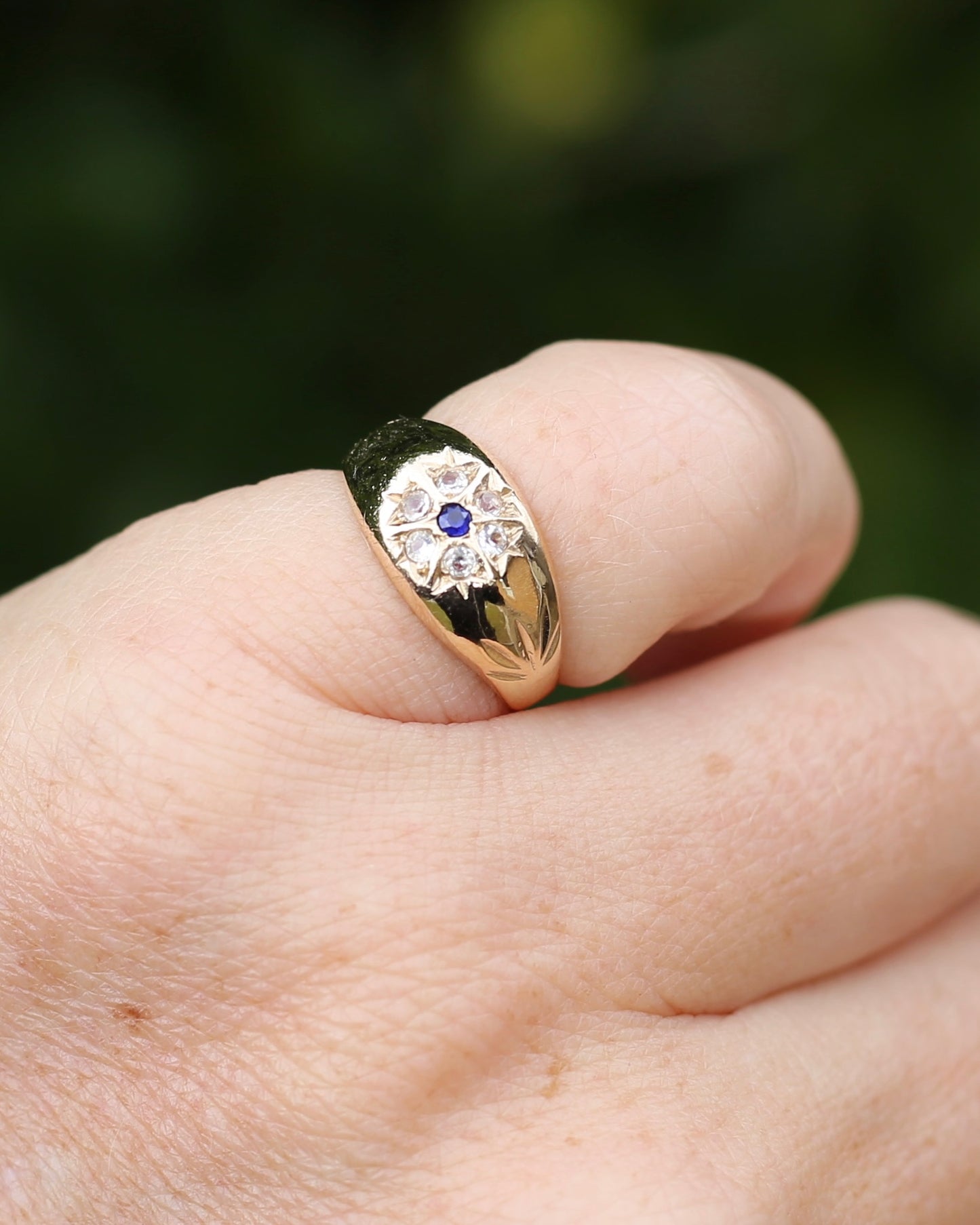 Vintage 1994 Birmingham Made Sapphire and White Stone Floral Cluster in Domed Ring, 9ct Yellow Gold, size J1/2 or 5