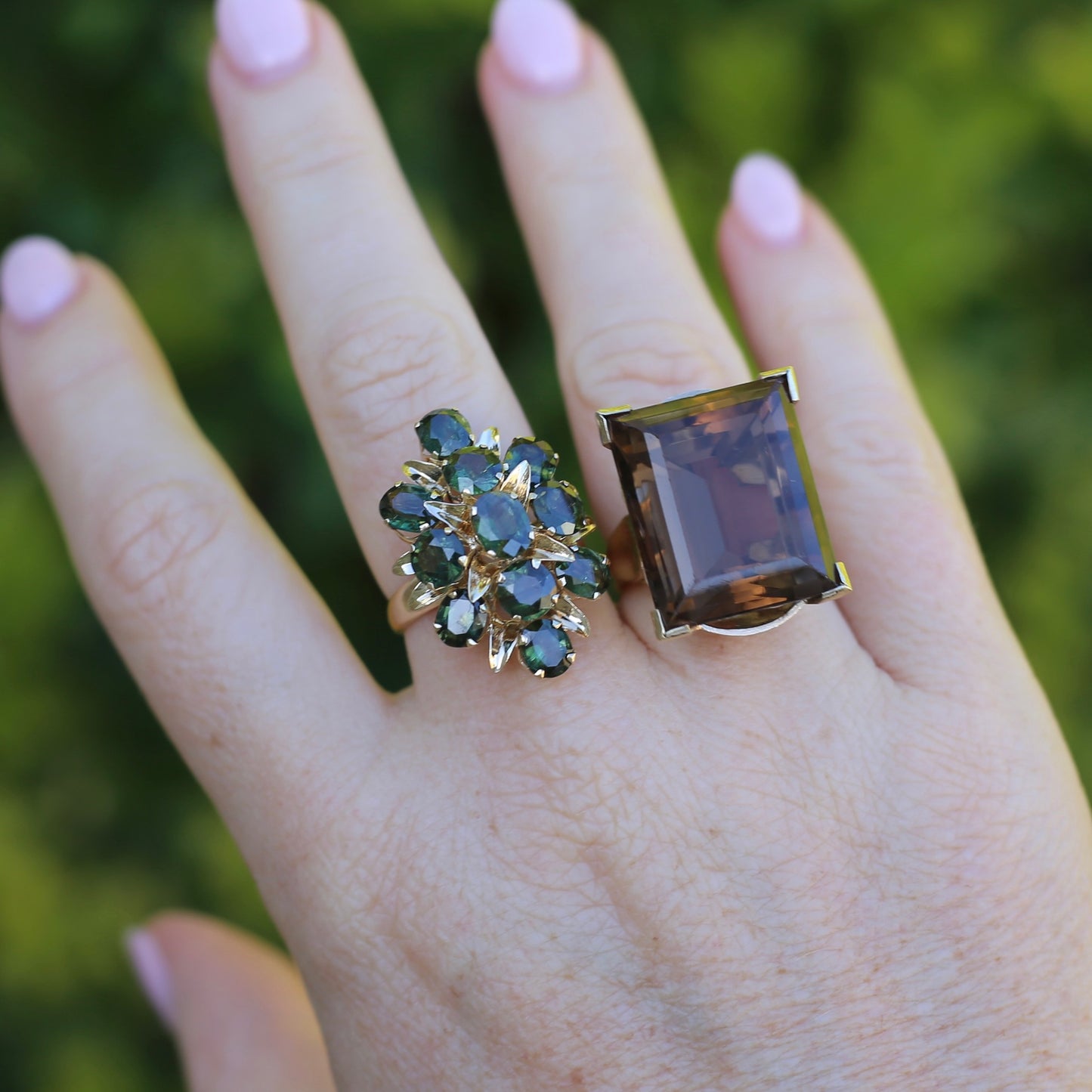 Mid Century 36ct Princess Cut Smoky Quartz Cocktail Ring, 9ct Yellow Gold, size N1/2 or 6.75