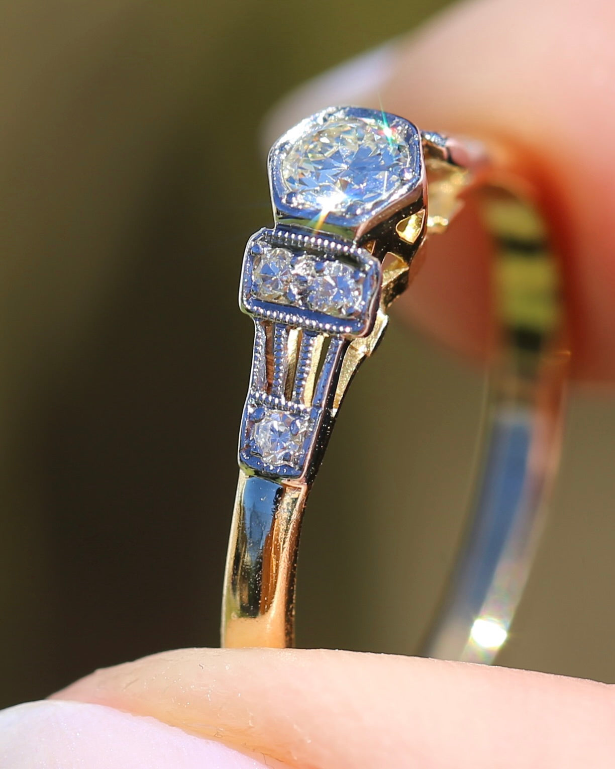 Hexagonal Grain Semi Modern Cut Diamond and Single Cut Diamond Shoulders Ring, 18ct White and Yellow Gold, size P1/2 or 8, 2.58g, with valuation