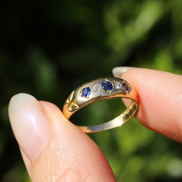 1897 Old Cut Sapphire and Diamond Five Stone Ring, 18ct Yellow Gold, size O or 7.25