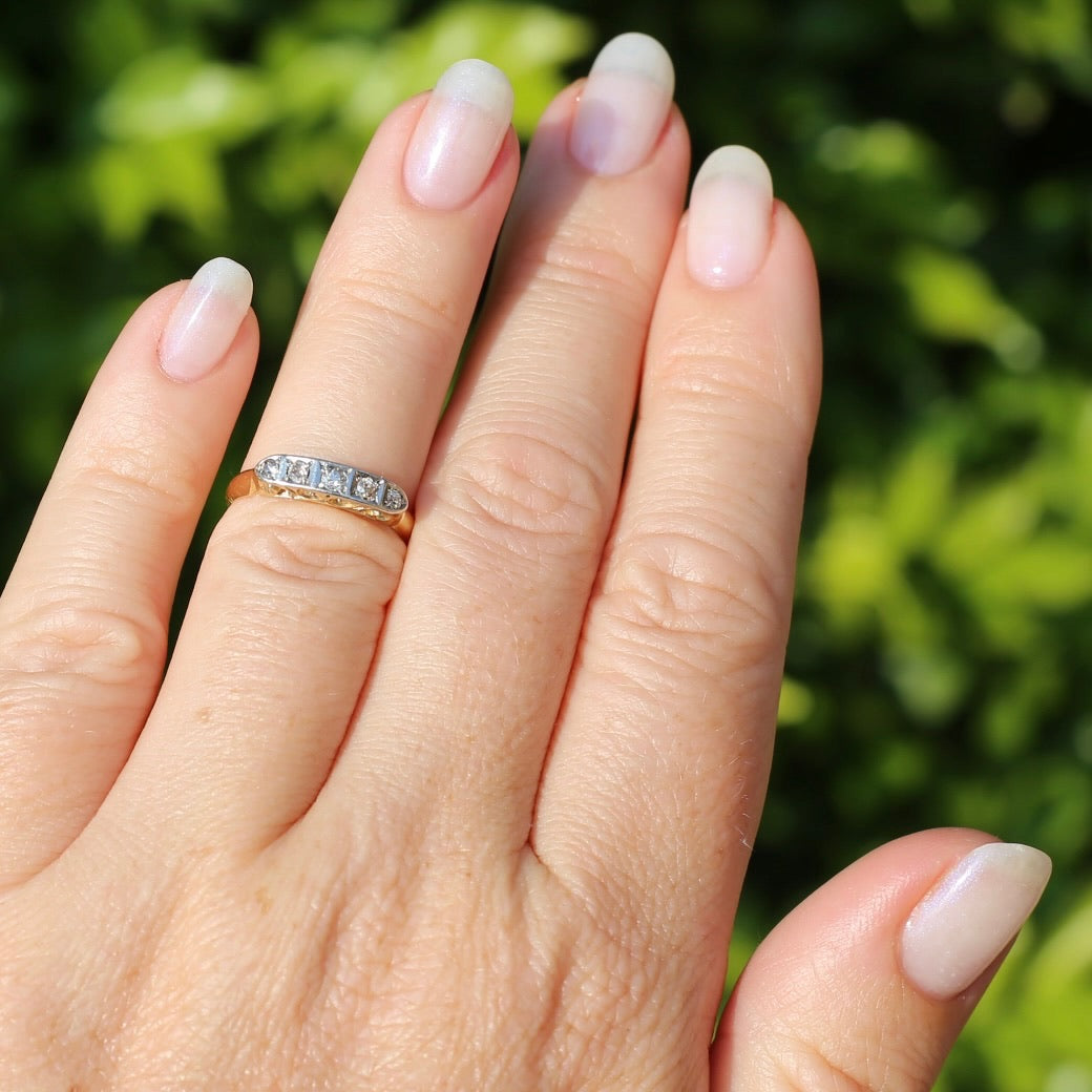 1930s Old Cut 5 Stone Diamond Ring, Platinum and 18ct Yellow Gold, size L or 5.75