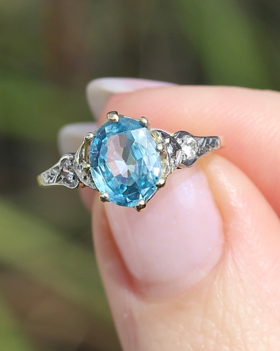 Circa 1930s Art Deco Blue Zircon and Diamond Ring, 18ct size just over M1/2 or 6.5, 2.80g