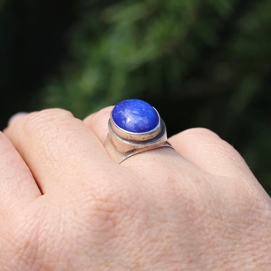 Large Lapis Cabochon in Silver Bezel Setting, size P1/2 or just under 8