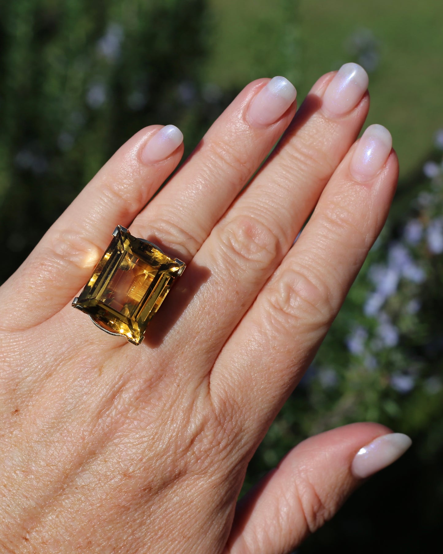 35ct Rectangular Step Cut Vivid Citrine in Chunky Vintage 9ct Yellow Gold Ring, size N1/2 or 7, 15.12g