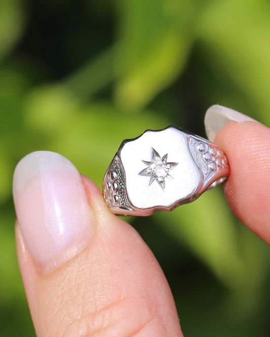 Vintage Shield Signet With Old Cut Diamond, 18ct White Gold, size N or just over 6.5 (fits more like an L1/2-M due to width), 6.86g