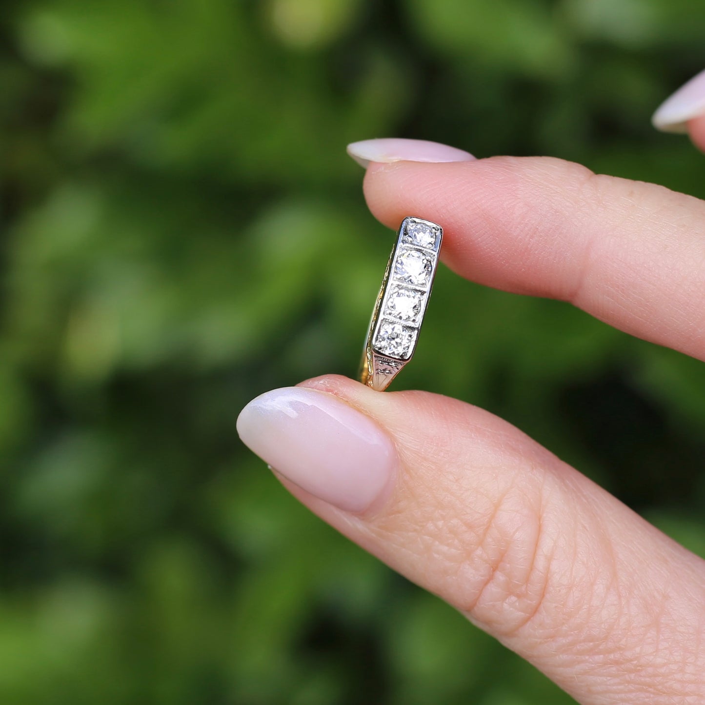 1930s 4 Stone Transitional Cut Diamond Mixed Metal Ring, 18ct Yellow Gold & Platinum, size M or just bigger than 6