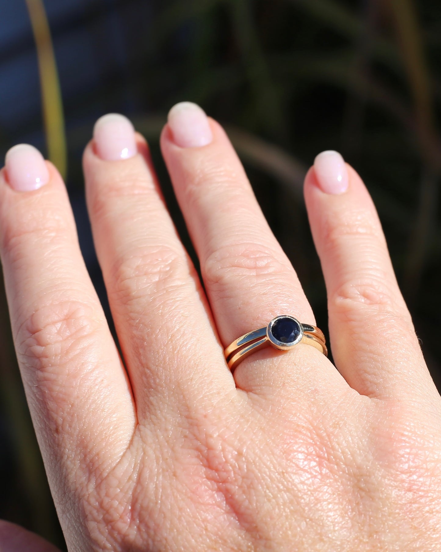 Bezel Set Opaque Navy Sapphire, 9ct Yellow Gold, size O or 7.25