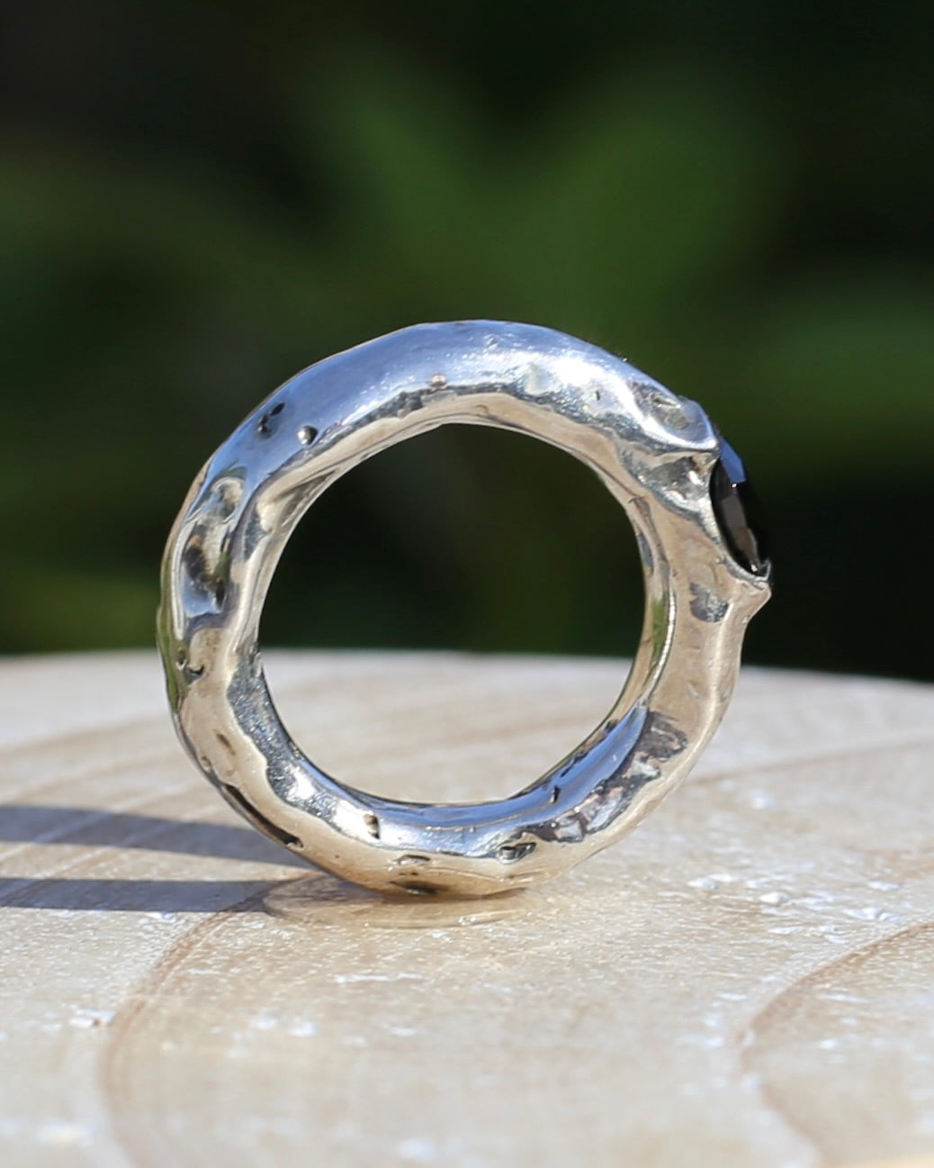 Rustic Handmade Chunky Silver Ring with Black Glass Round Brilliant Semi Bezel Set Stone, size L or 5.75