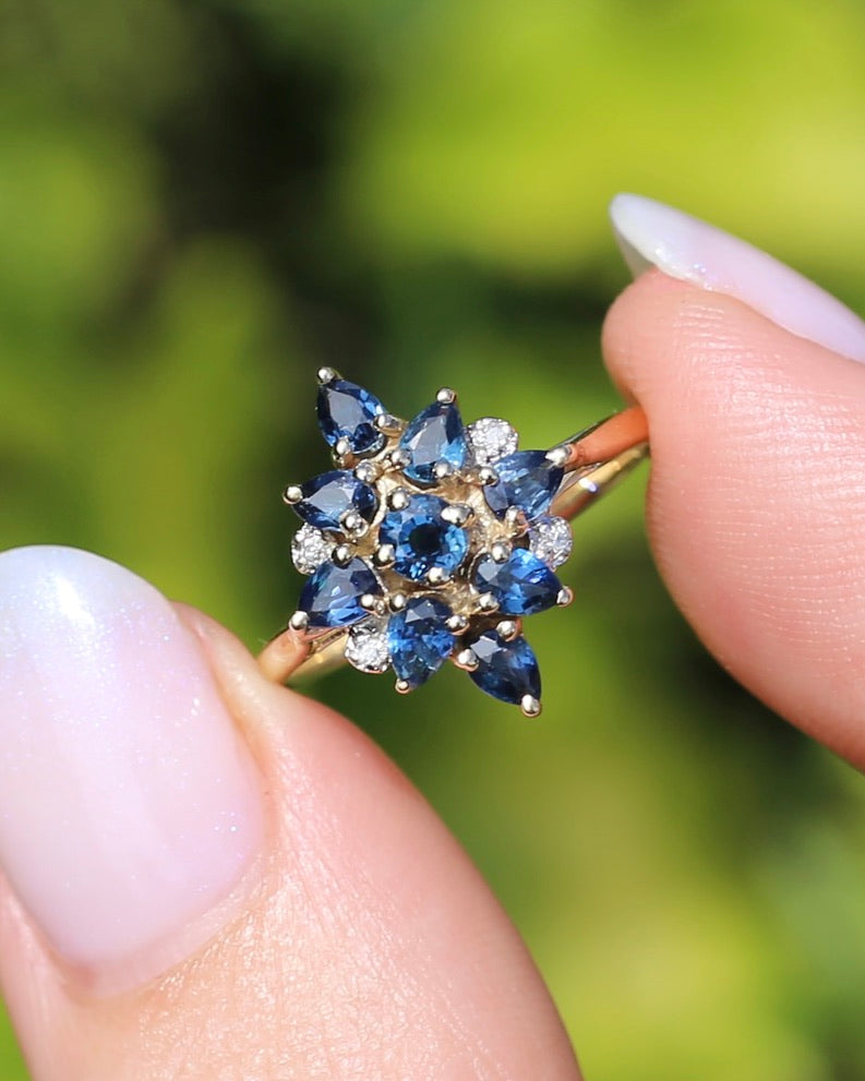 Vintage Blue Sapphire and Diamond Cluster Ring, 9ct Yellow Gold, size N or 6.75, 2.34g