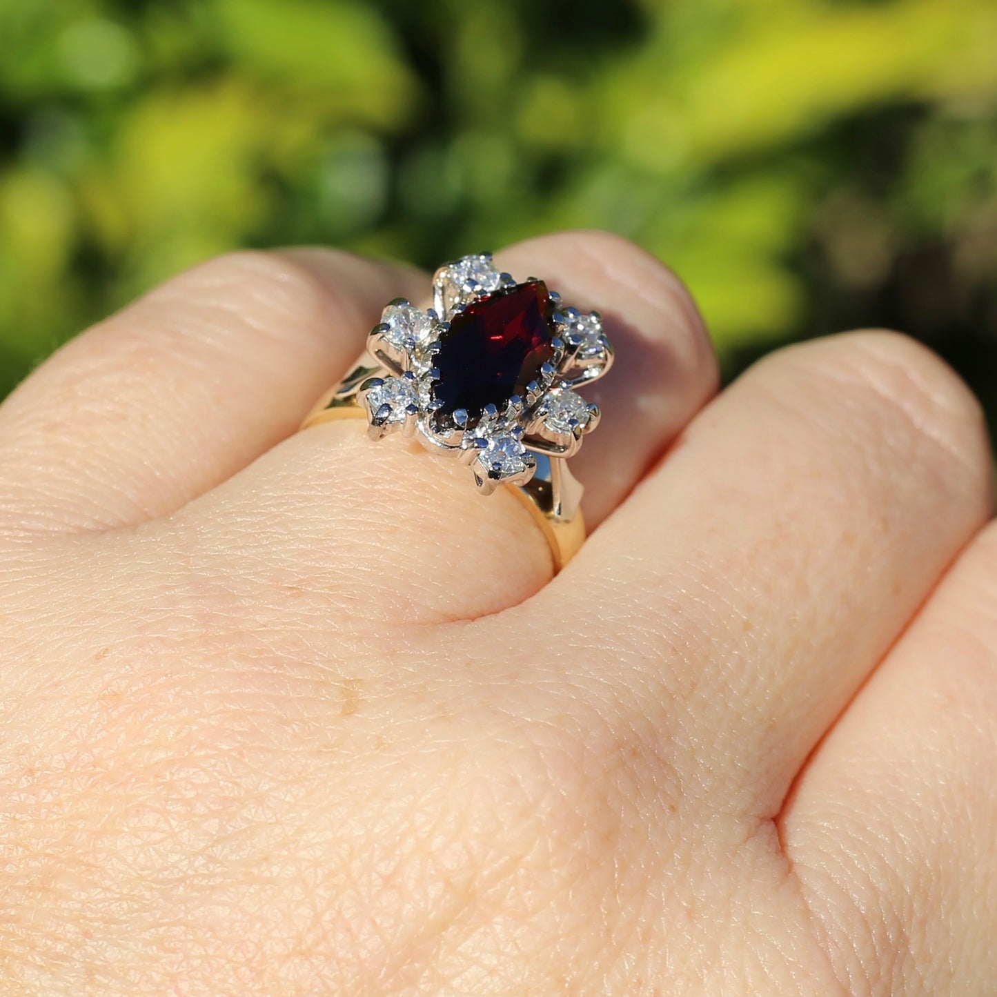 Viking feel Marquise Garnet With 6 Transitional Cut Diamonds, 18ct White and Yellow Gold, size N1/2 or 7