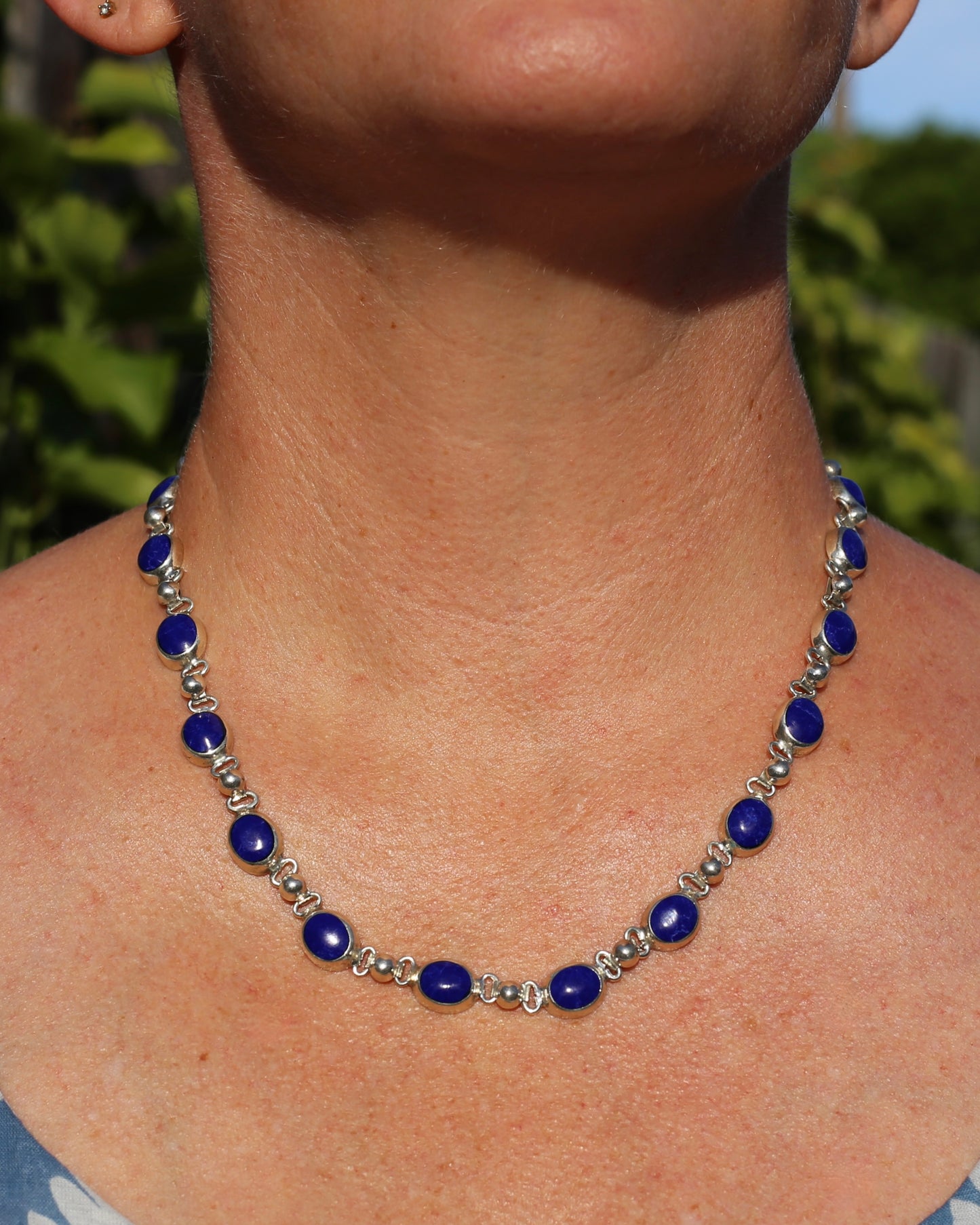 Vintage Mexican Bezel Set Lapis Necklace, 19 inches or 48cm, 51.6g