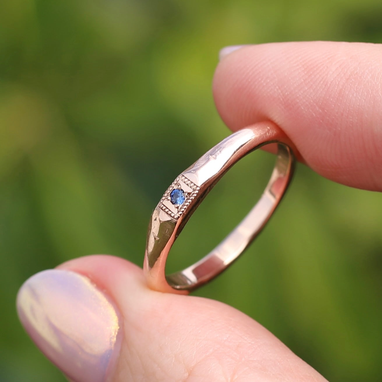 Rustic Handmade Rose Gold Ring with Blue Spinel, 9ct Rose Gold, size T or 9.5