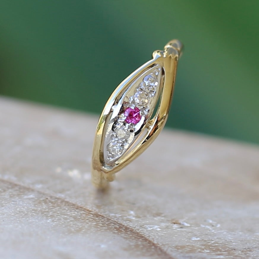 Antique Boat Ring with Four Old Cut Diamonds and an Old Cut Pink Topaz, 18ct Yellow and White Gold, size 7 or N1/2