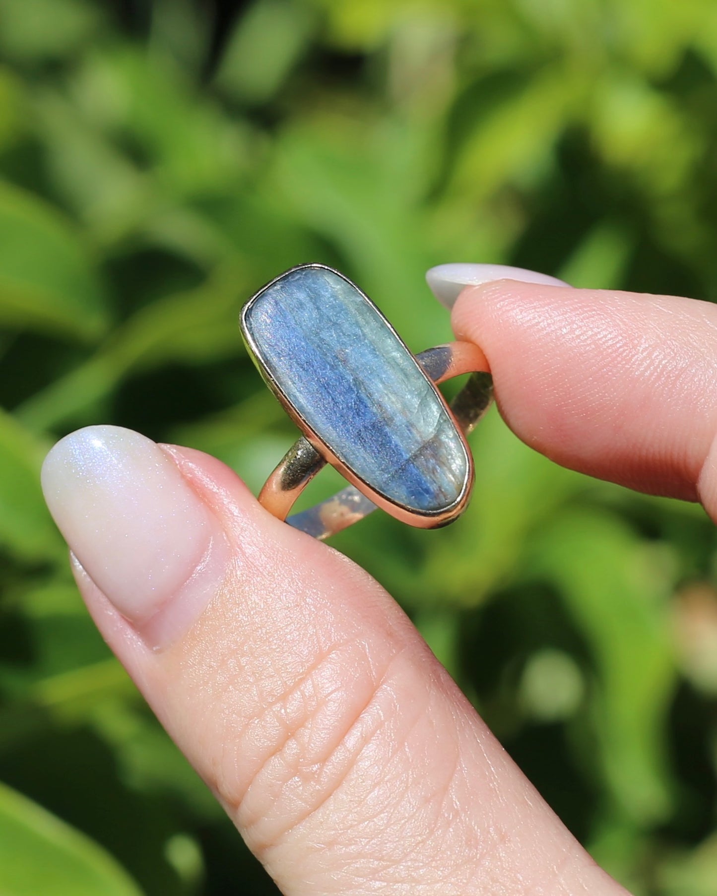 Rustic Freeform Labradorite Cabochon in Bezel Setting, 9ct Yellow Gold, size X1/2 or 11.75