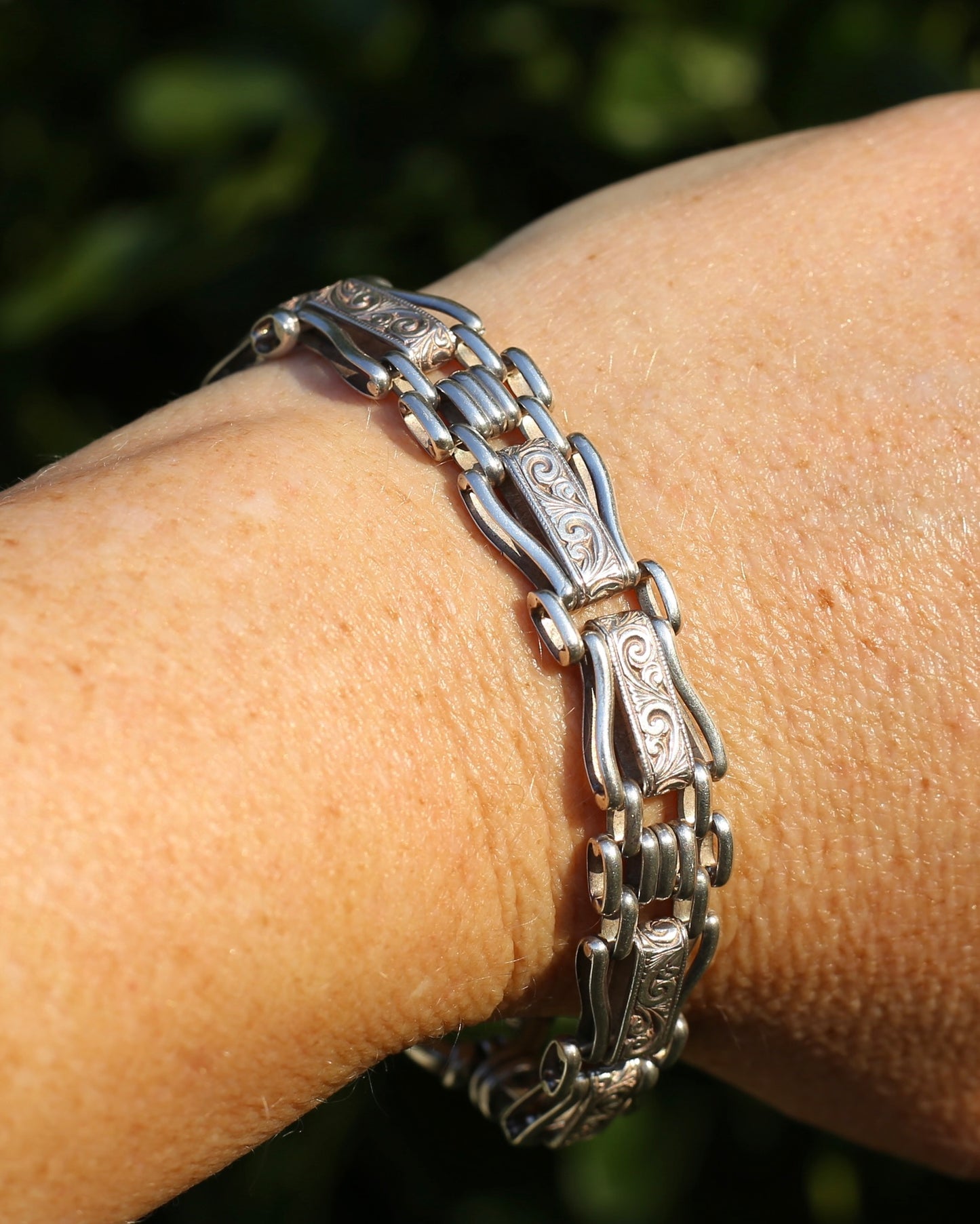 Fancy Link Engraved Bracelet, Sterling Silver, With Italian Bolt Clasp, 24.3g, 19cm
