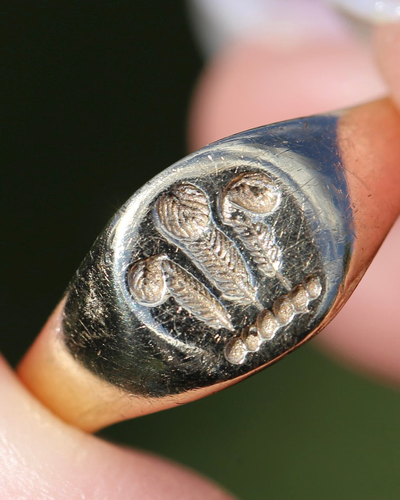 1984 Made Hand Carved Welsh Feather Signet Ring, 9ct Yellow Gold, size Q or just over 8, 2.45g