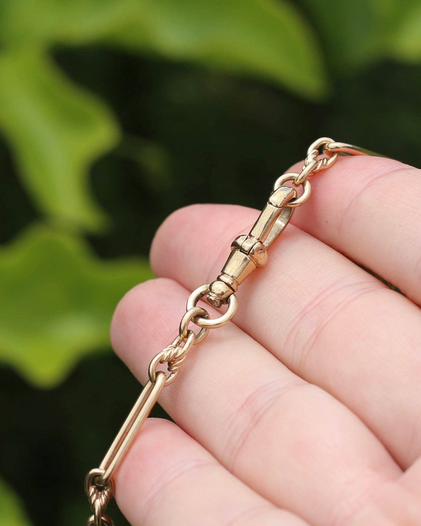Vintique Trombone and Love Link Chain Single Albert Clasp, 9ct Gold, 51cm or 20 inches, 22.5g