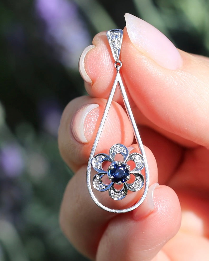 Vintage Natural Sapphire and Diamond Pendant, 18ct White Gold, 2.64g