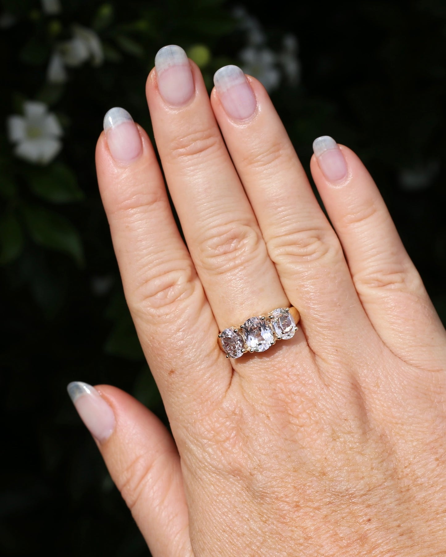 Oval Trilogy Rock Crystal Ring, 9ct Yellow Gold, size Q1/2 or 8.5, 5.59g