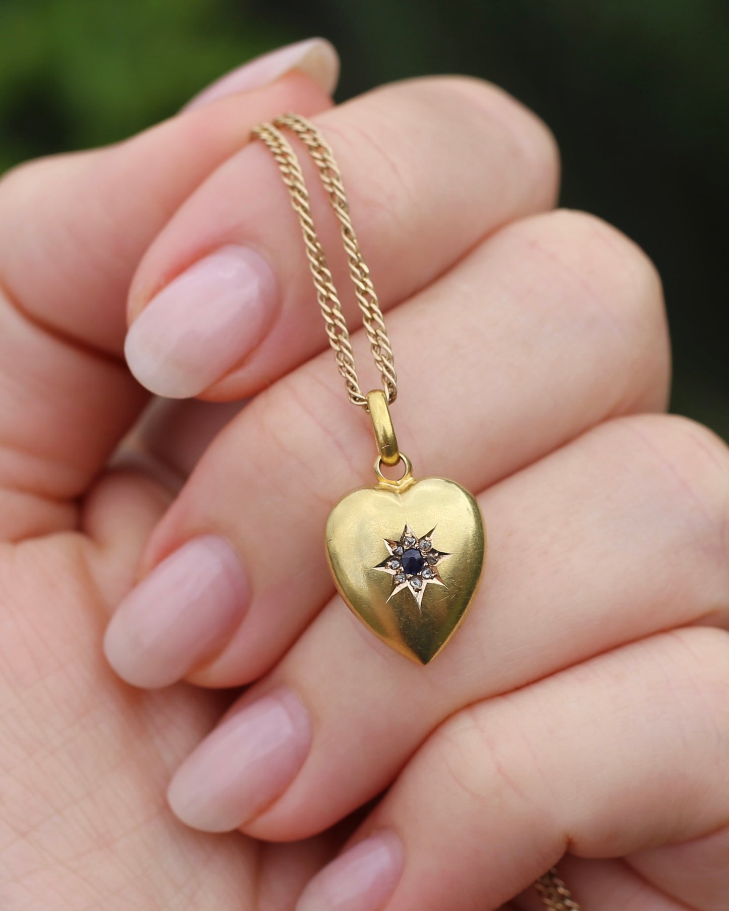 Antique 1903 Made 15ct Puffy Heart With Old Cut Sapphire and Rose Cut Diamonds, 15ct Yellow Gold, 1.59g