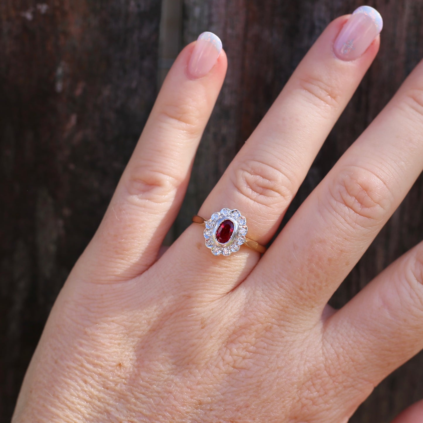 Ruby and Diamond Halo, 18ct Yellow and White Gold, size P or 7.75 with valuation