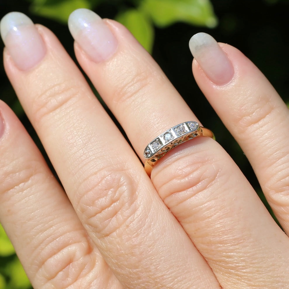 1930s Old Cut 5 Stone Diamond Ring, Platinum and 18ct Yellow Gold, size L or 5.75