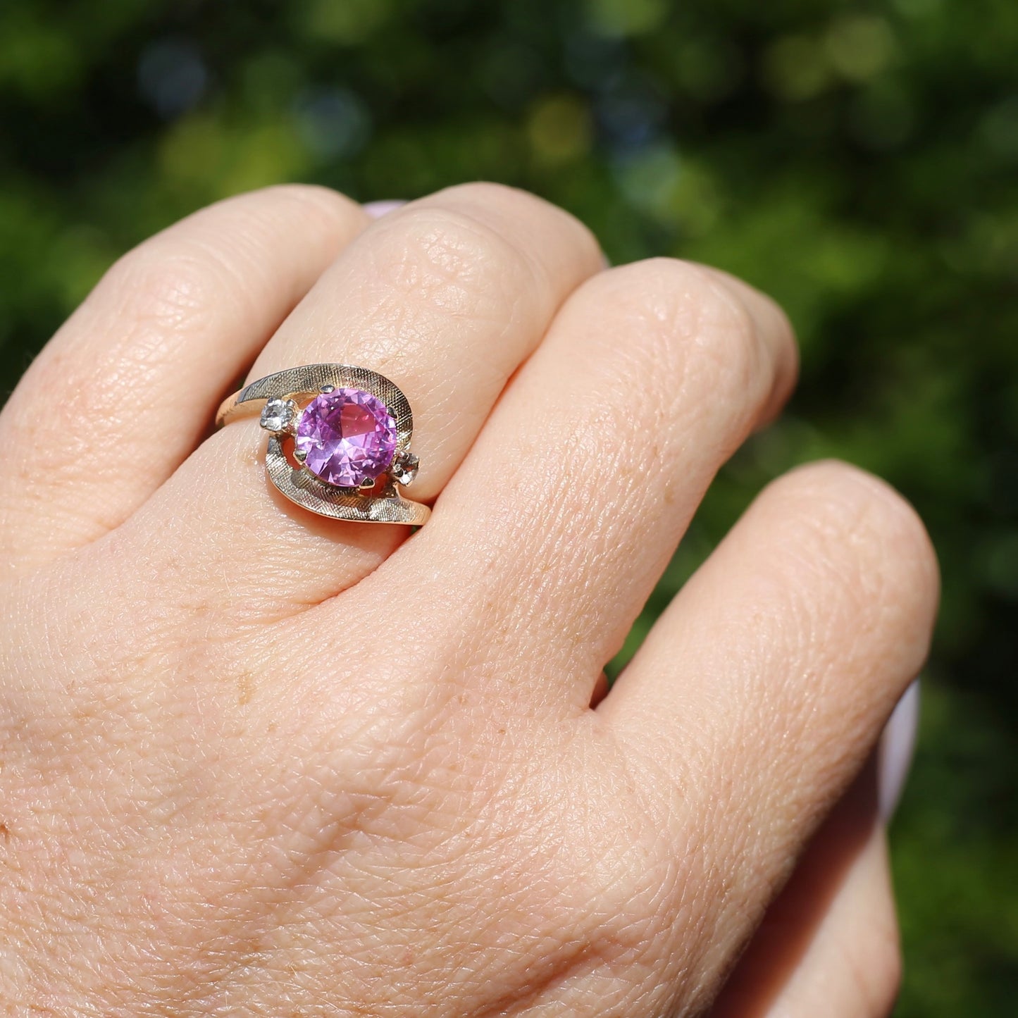 Asymmetric Pink Sapphire and White Spinel Dress Ring, 10ct Yellow Gold, size  N or 6.75