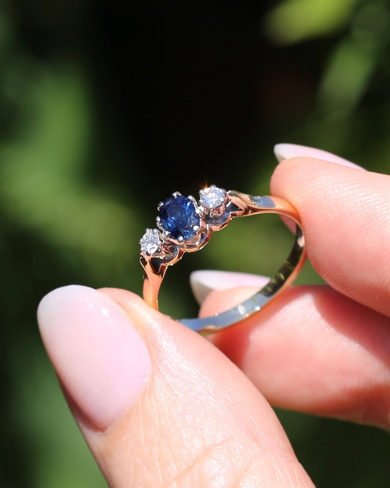 Sapphire and Diamond Trilogy, 9ct Yellow Gold and Palladium, size P or 7.75, 2.32g