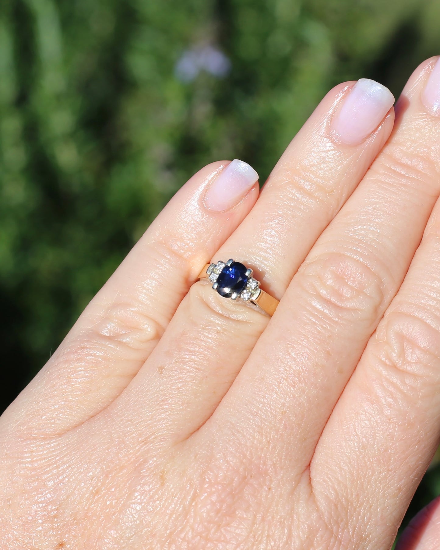 Circa 1970s Natural Sapphire and Diamond Ring, 9ct Yellow and White Gold, size M or 6.25, 4.19g