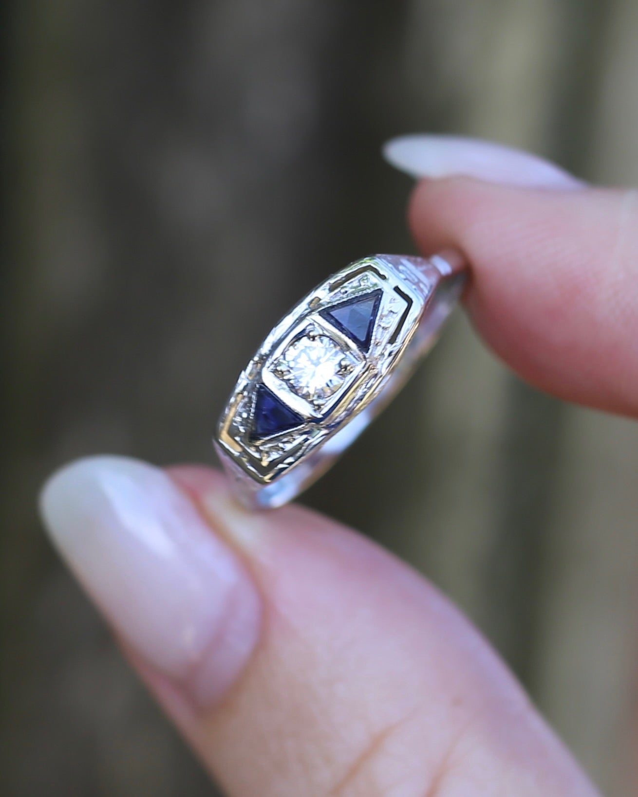 Art Deco Diamond and Sapphire Trilogy in Raised Handmade Engraved Floral Setting, 14ct White Gold, size U or 10 - offering free resize down to 7 or O, with valuation