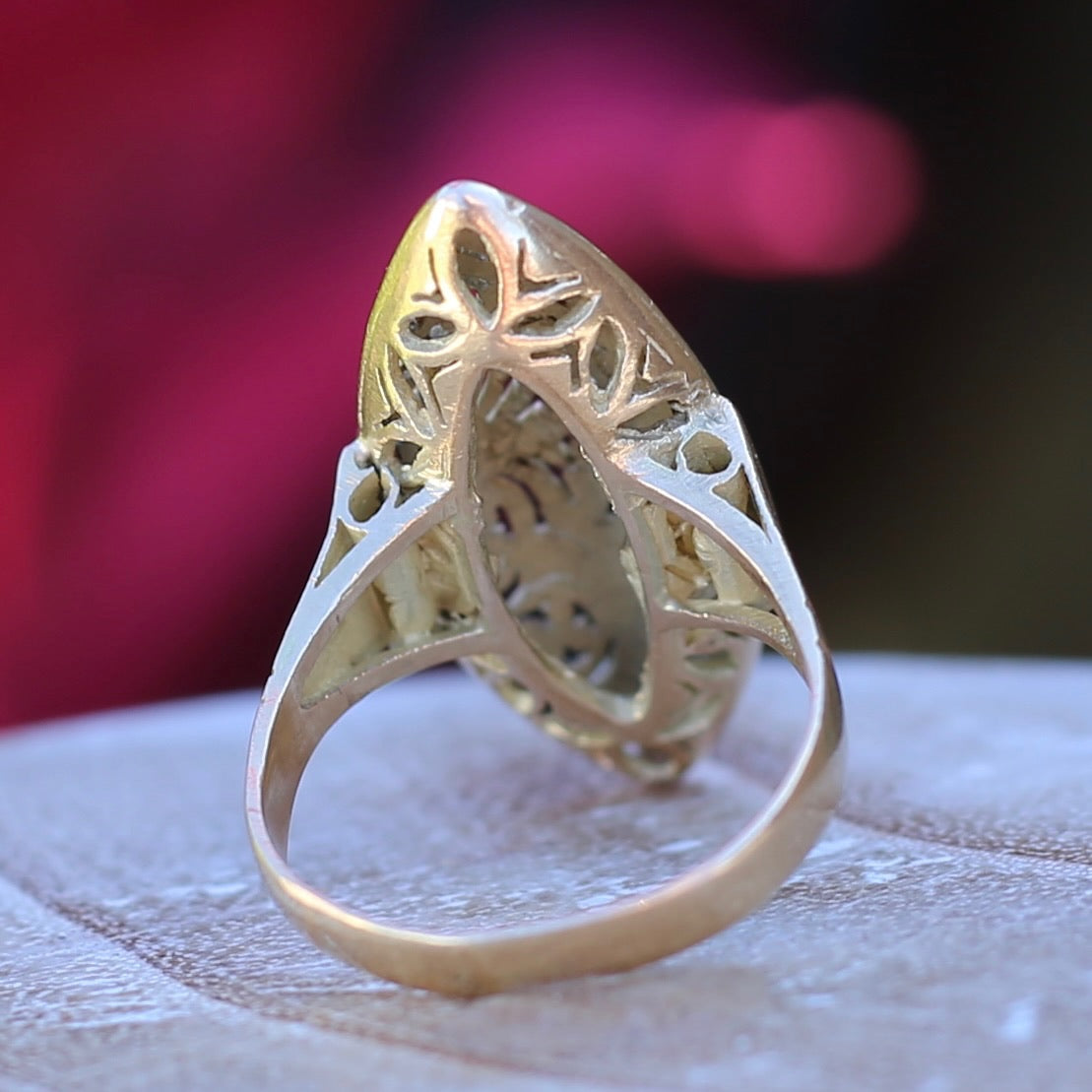 Hand Carved Navette Ring, 14ct Yellow Gold, size Q or 8.25g