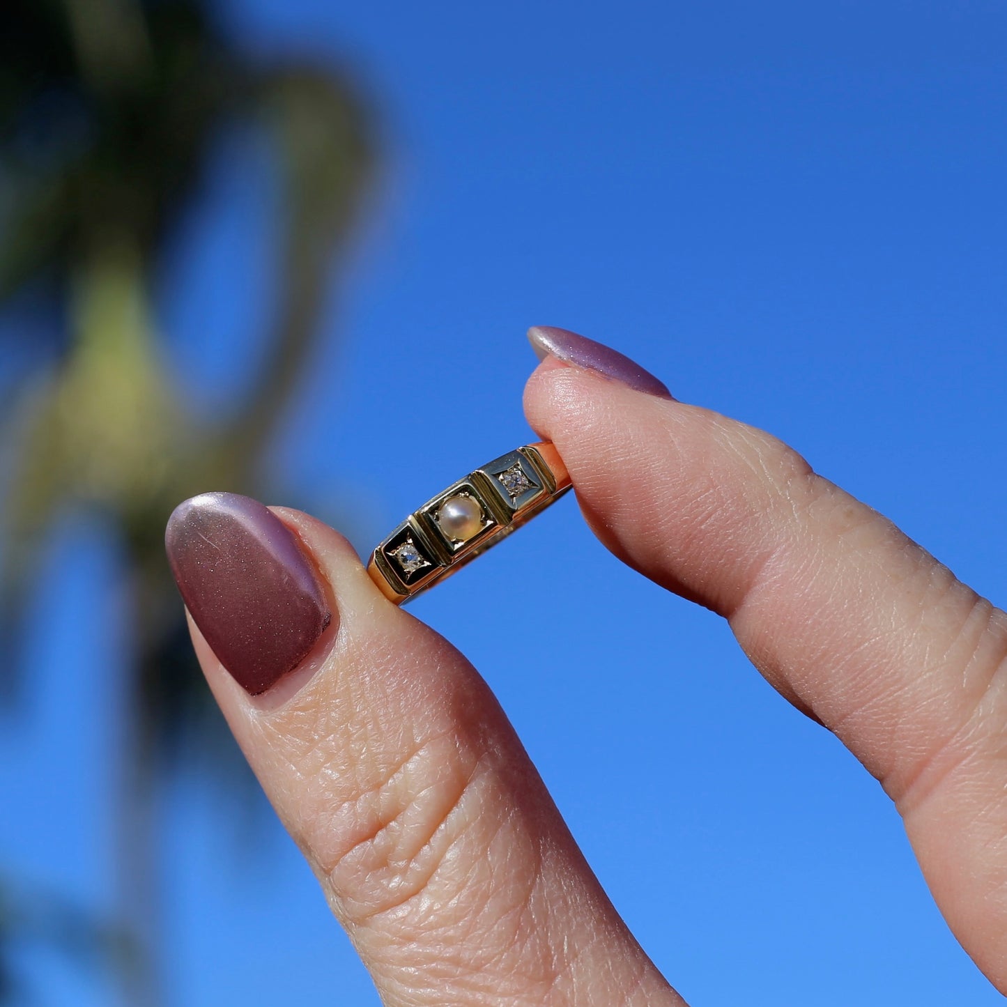 Antique Pearl and Old Cut Diamond Set Trilogy Ring, 18ct Yellow Gold, size N1/2 or 7