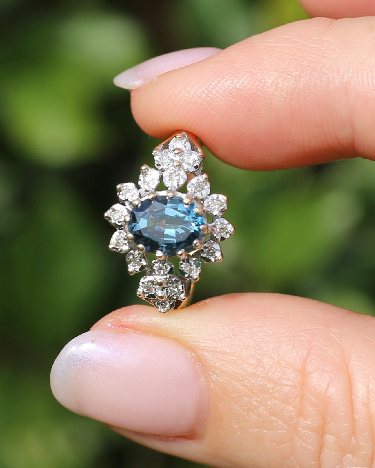 1989 Blue Zircon and Diamond Halo Ring, 9ct Yellow and White Gold, size N1/2 or 7, 3.18g