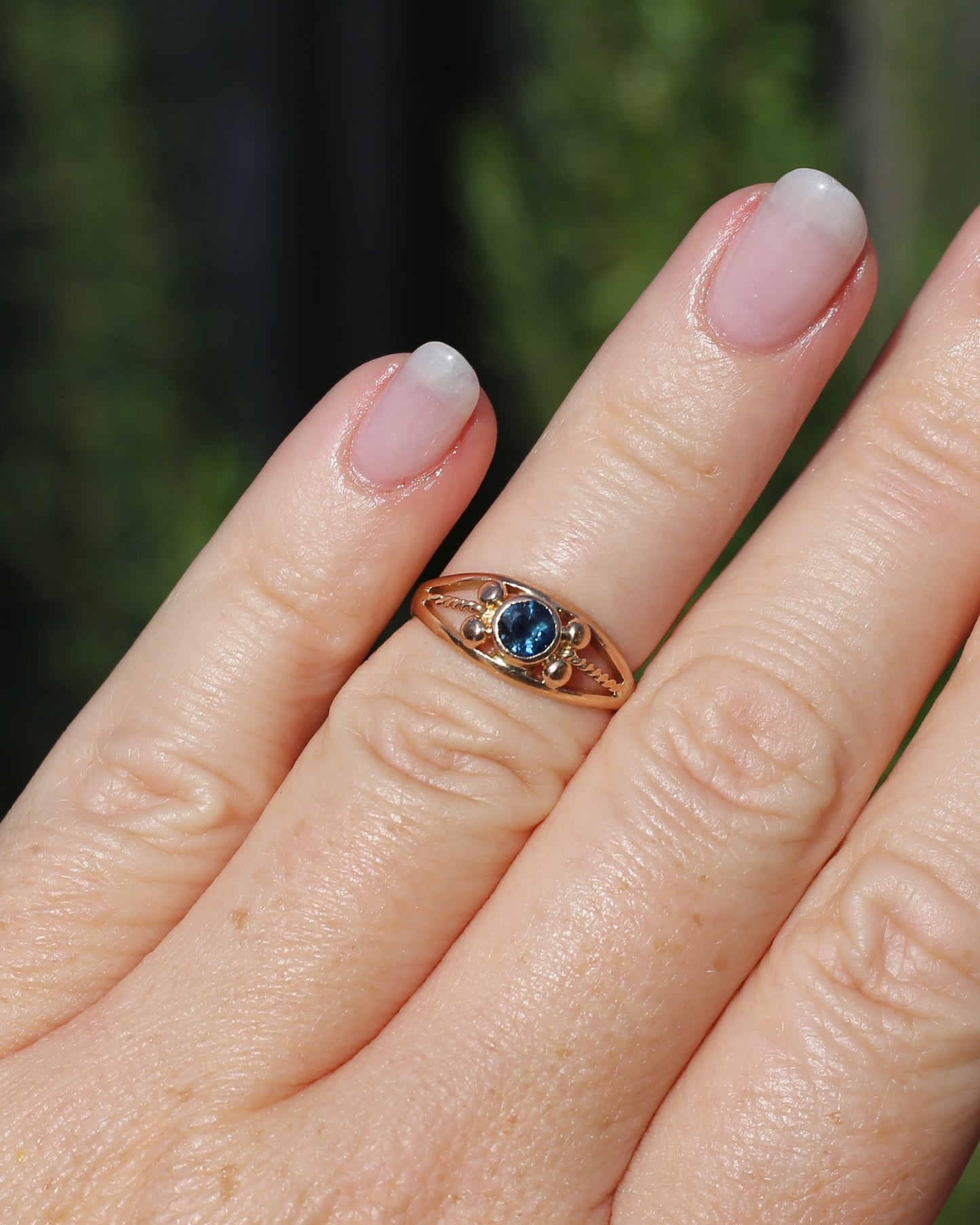 Bezel Set Blue Sapphire in Rose Gold Ring, 9ct Rose Gold, size K or 5.5, 2.30g