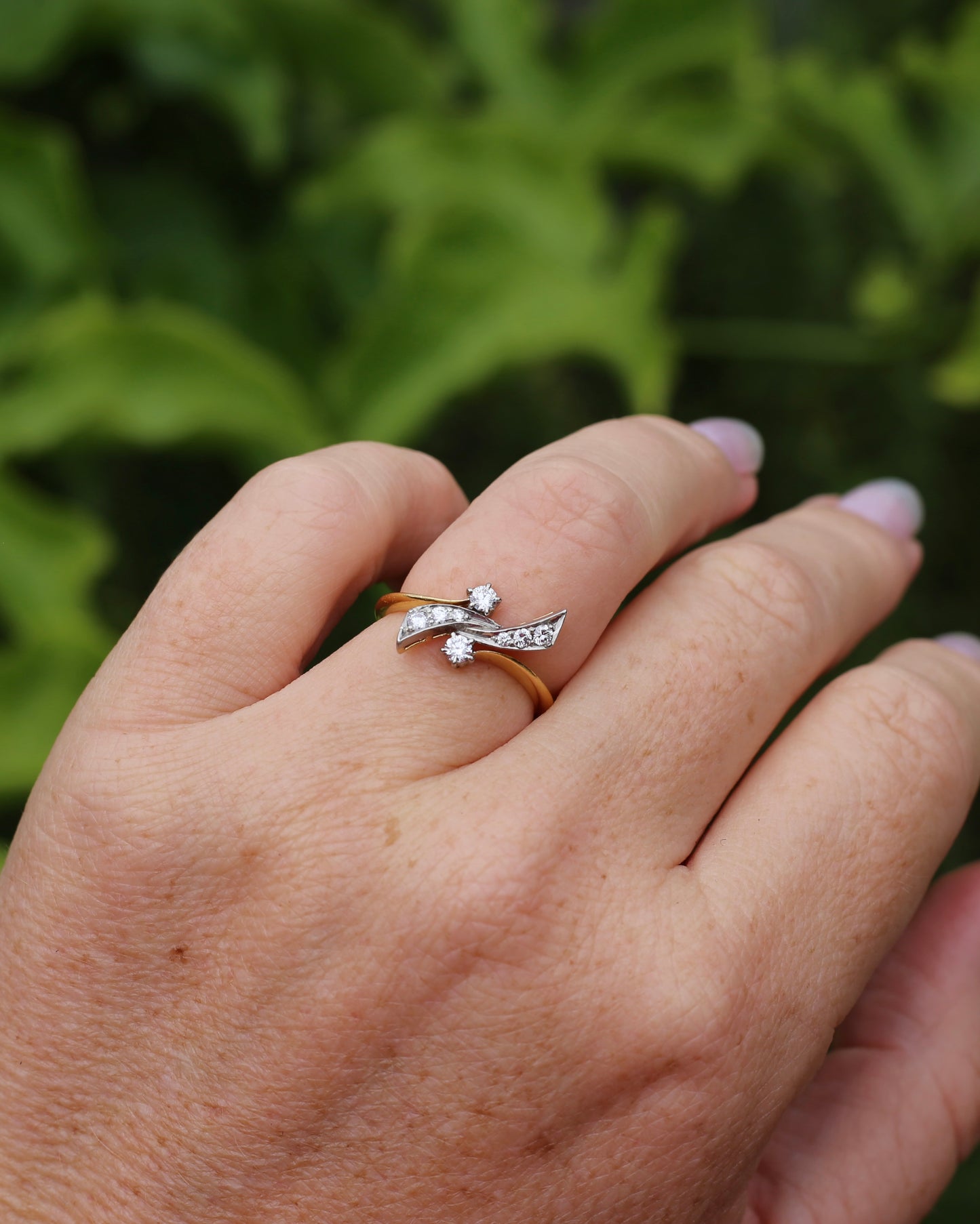 Antique Circa 1910 "Belle Epoque Toi et Moi" Asymmetric Diamond Bow Ring, 18ct Yellow Gold and Platinum, size L1/2 or 6, 3.62g