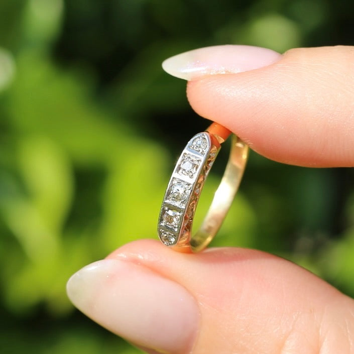 1930s Old Cut 5 Stone Diamond Ring, Platinum and 18ct Yellow Gold, size L or 5.75