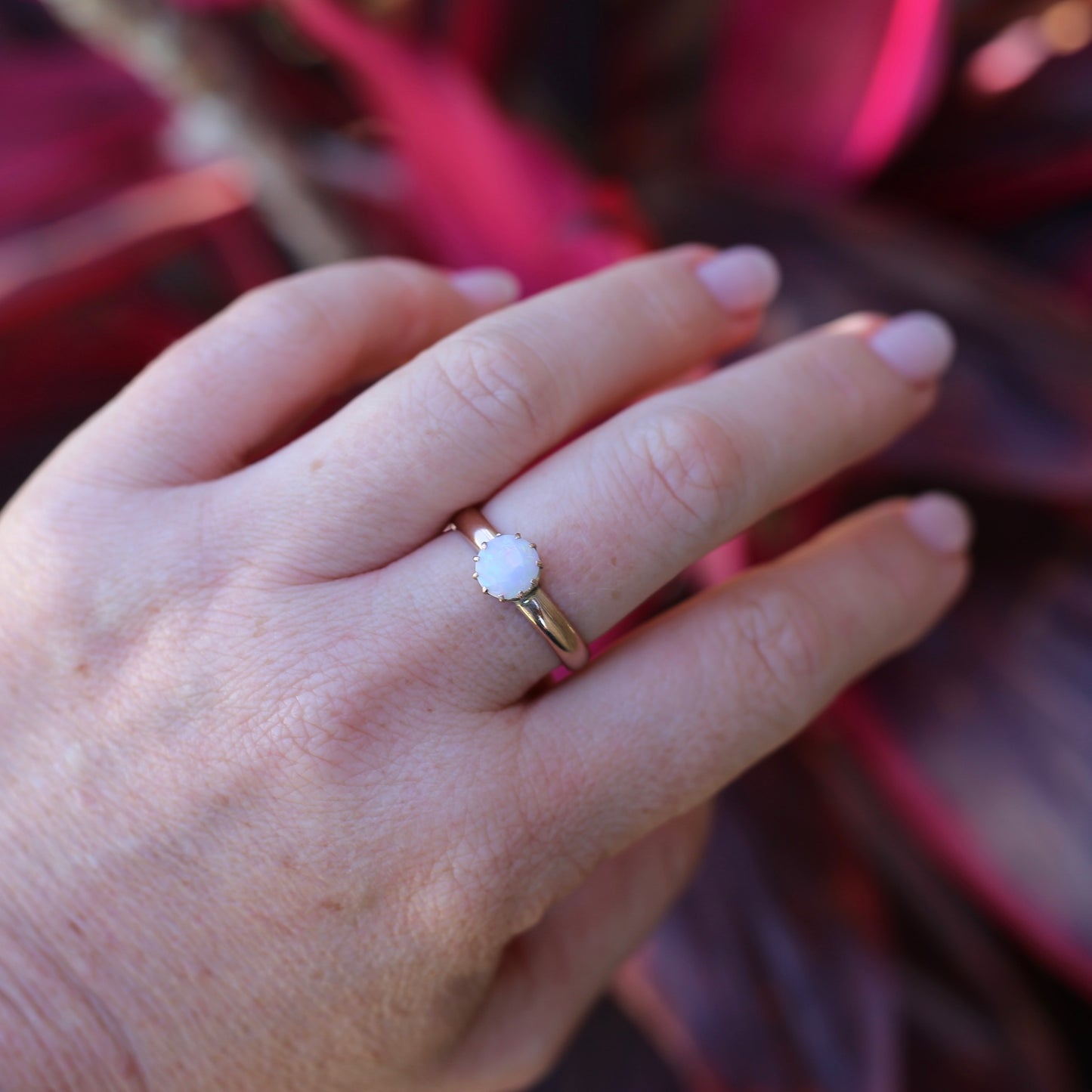 Early Australian 11 Multi Claw White Round Opal Ring, 9ct Old Rosey Gold, size 10 or U