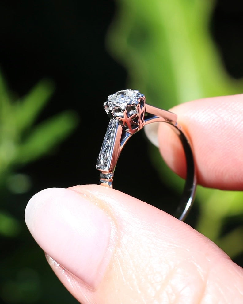 0.22ct old cut diamond solitaire, Platinum and Pale 18ct Gold, size P1/2