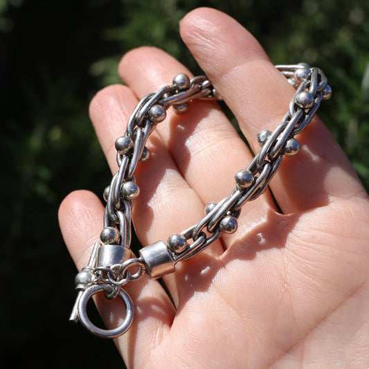 Chunky Silver Bracelet with Overlapping Loops and Dot Ball Detail, 45.3g