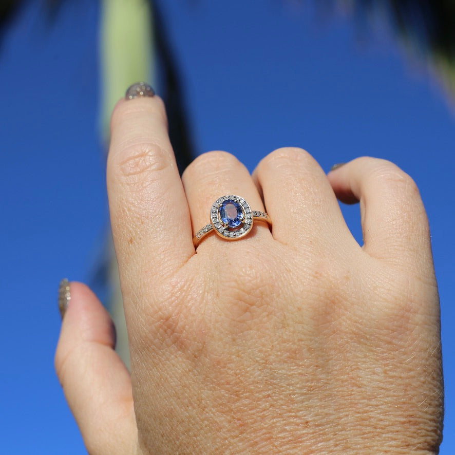 Sapphire and Single Cut Diamond Halo, 9ct Yellow Gold, size 10.25 or just bigger than U