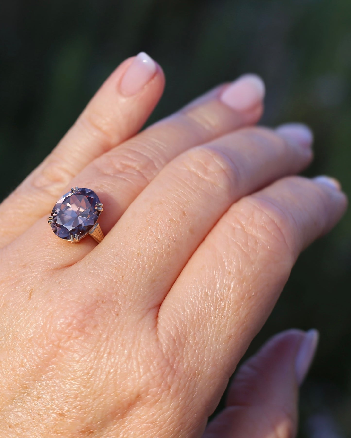 ON HOLD 7.9ct Mauve Damask Rose Oval Natural Zircon in Vintage 9ct Double Claw Ring, 9ct Yellow Gold, size M or 6.25, 3.59g