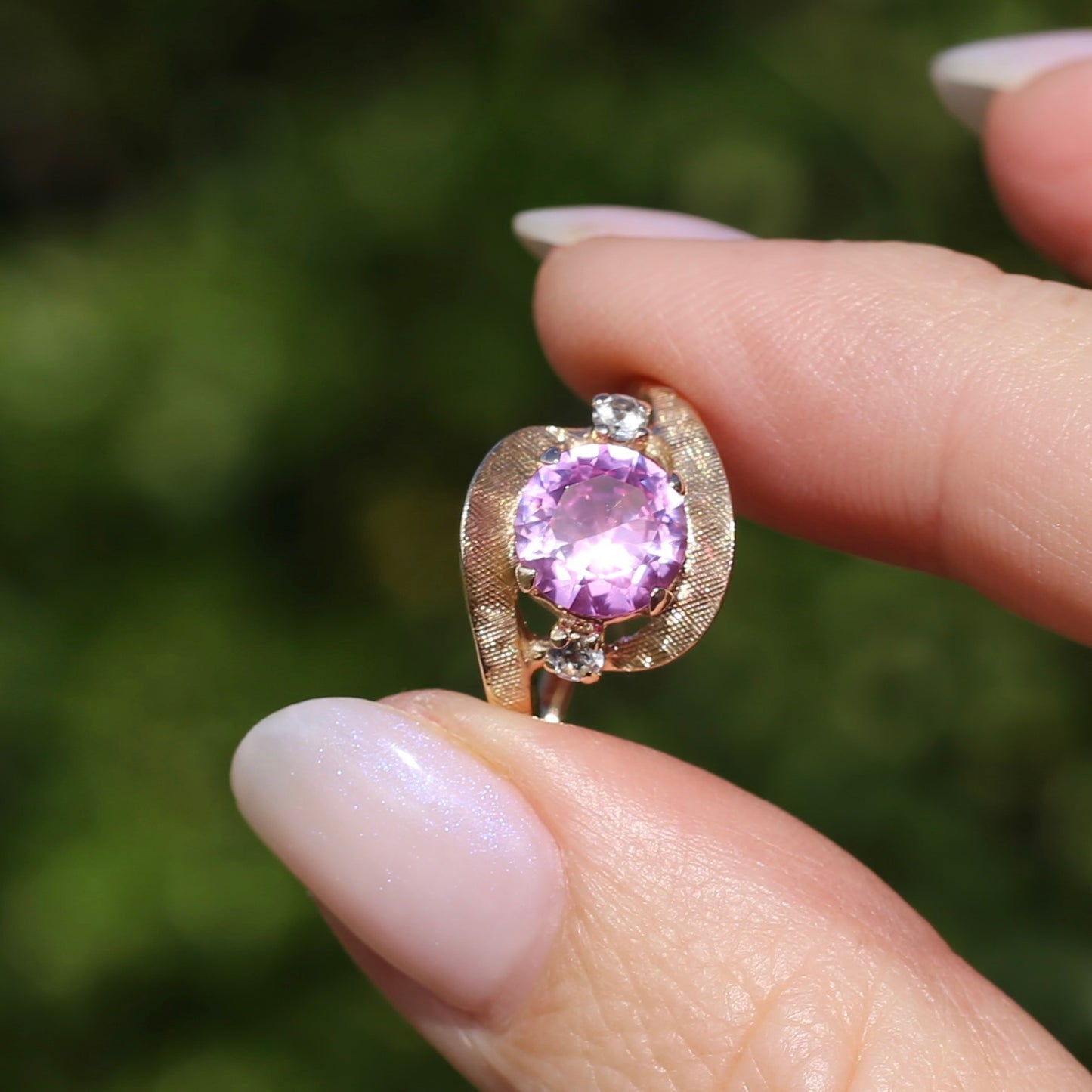 Asymmetric Pink Sapphire and White Spinel Dress Ring, 10ct Yellow Gold, size  N or 6.75